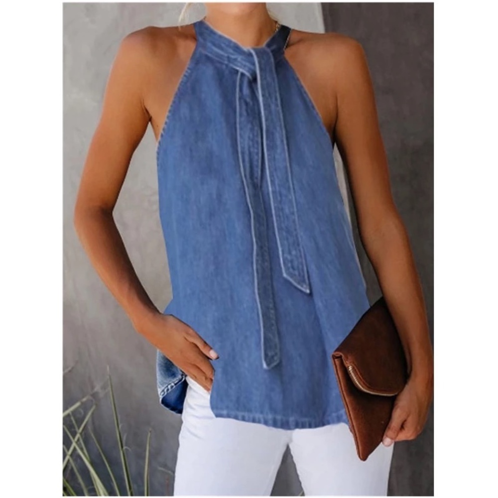 Jean Halter top with Tie Closure - Blue